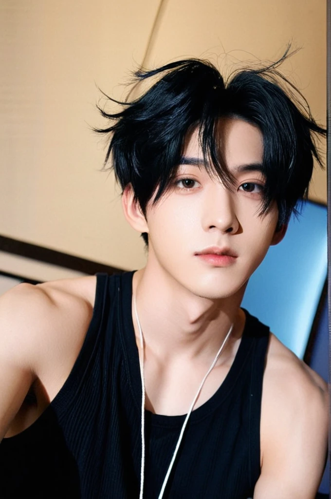 One boy, Young man with black hair  (Wolf Mash Hair),Male K-Pop Idols, A camera full of love, Levi Ackerman, Medium Portrait Soft Light, chop, Beautiful Model, Oval Face, Vivid,Selfie,(In a dark room),Full body photo