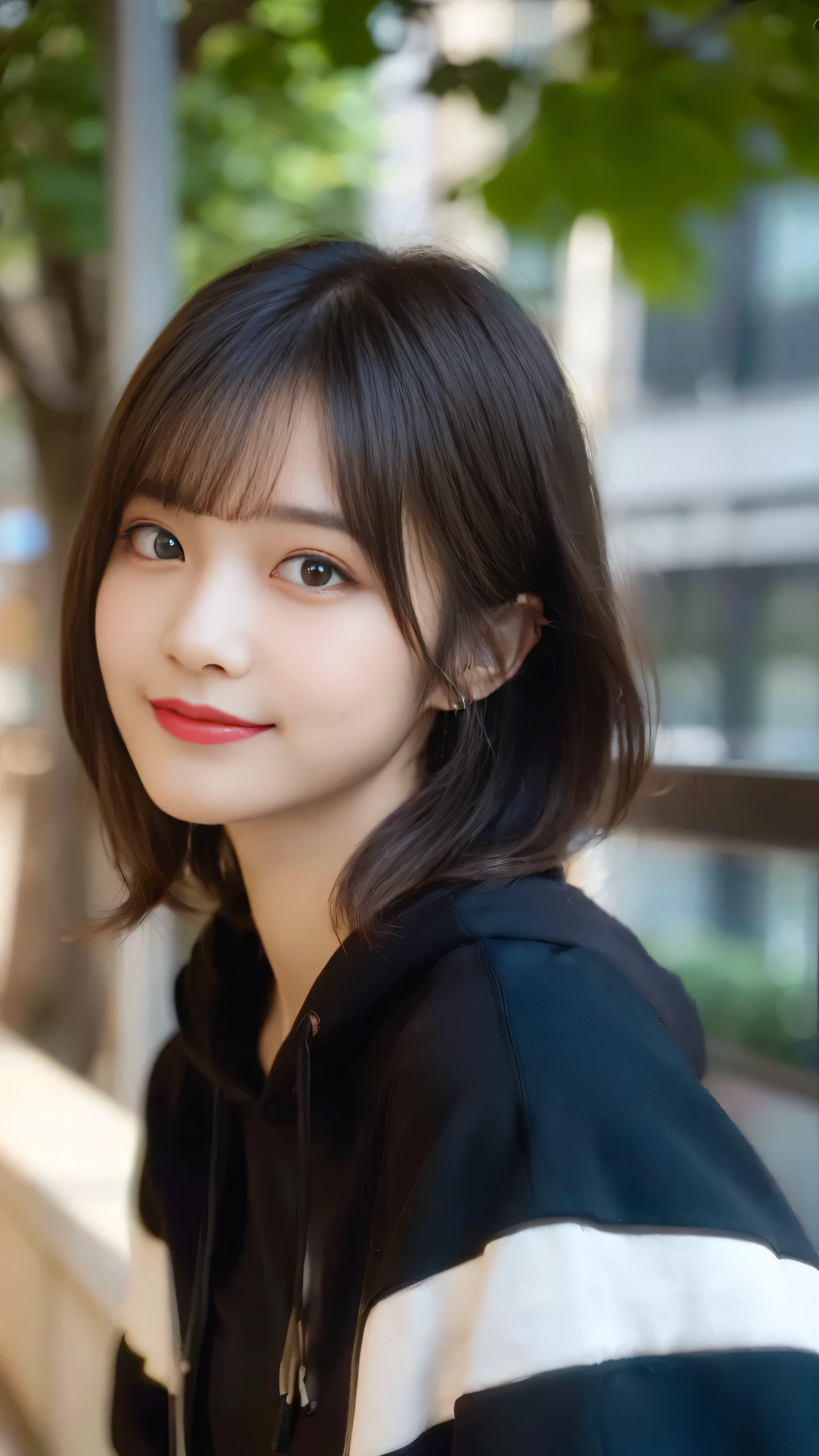 Highest quality, Real stick, Very detailed, finely, High resolution, In 8K、wallpaper, Perfect dynamic composition, Beautiful and beautiful eyes, Black hoodie, Bob Hair, Medium Hair, bangs, Black-haired, Center of chest, Natural color lip, The body is facing forward,smile,Tower apartment