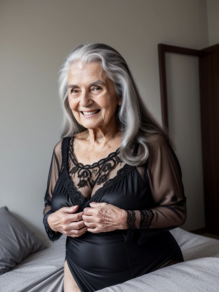 Mature old woman 80 years with long hair, plus size, old face and body with many wrinkles, loose skin, standing at bedroom posing for photo spreading her legs, huge breasts, She wearing black night dress with large neckline and lace stockings, side view. jaw dropping mature older beauty, old face and body with wrinkles, old face, full visible legs, smiling, attractive grandma, a gorgeous old hair, beautiful old grandma, lovely older mature grandma, gorgeous beautiful grandma over 80 years old, beautiful long hair grandma, beautiful detailed body and face, a beautiful old granny