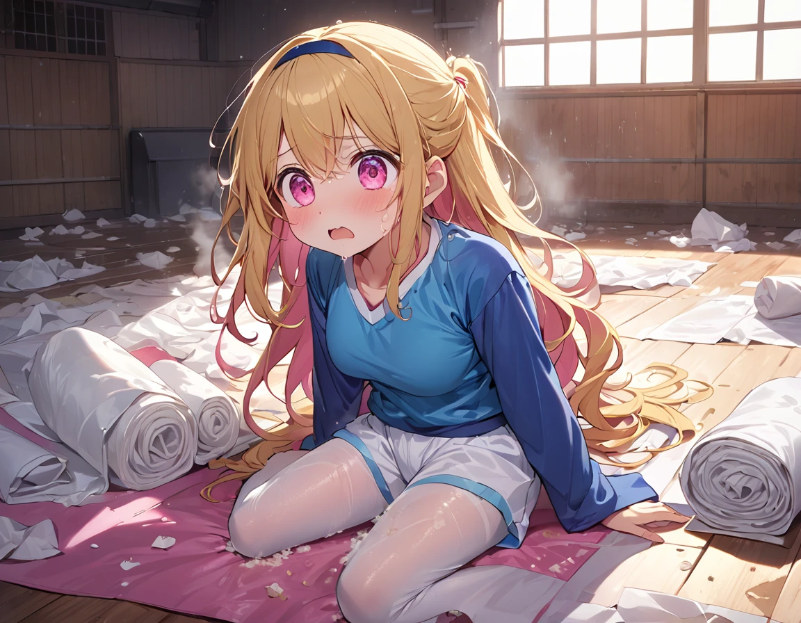 A large amount of rolled up tissue paper, Wrinkled, Dirty tissue on the ground, Excessive sweating on the face,Sweat dripping down,Sitting on a dirty bed, Dirty futon with golden stains Dirty old gym mat ,Gymnasium Warehouse, Plenty of tissue paper , Garbage is scattered everywhere, Very dirty mat, A room full of messy garbage, Scared I am going to cry Embarrassing Dimly lit room Hardwood Floors Scattered tissue paper White gym wear, Blue Sleeves Blue Bloomers high school student Illustration Style Anime Style Narrow-mouthed Small lips Frightened face Baby Face beautiful girl Very cute clothes Cheeks pink Light purple hair Blonde long hair super curly hair Super long sideburns Rubber clothing hair band Pearl white silk tights that become transparent when wet White super long boots Big eyes Droopy eyes Stern expression Shocking Pink Rouge Sweating profusely Crushed tissue paper The whole body is wet from rain Mucus clings to the whole body Steam coming out of the whole body Steam rises across the screen. White breath from the mouth Haa The whole body is covered in oil