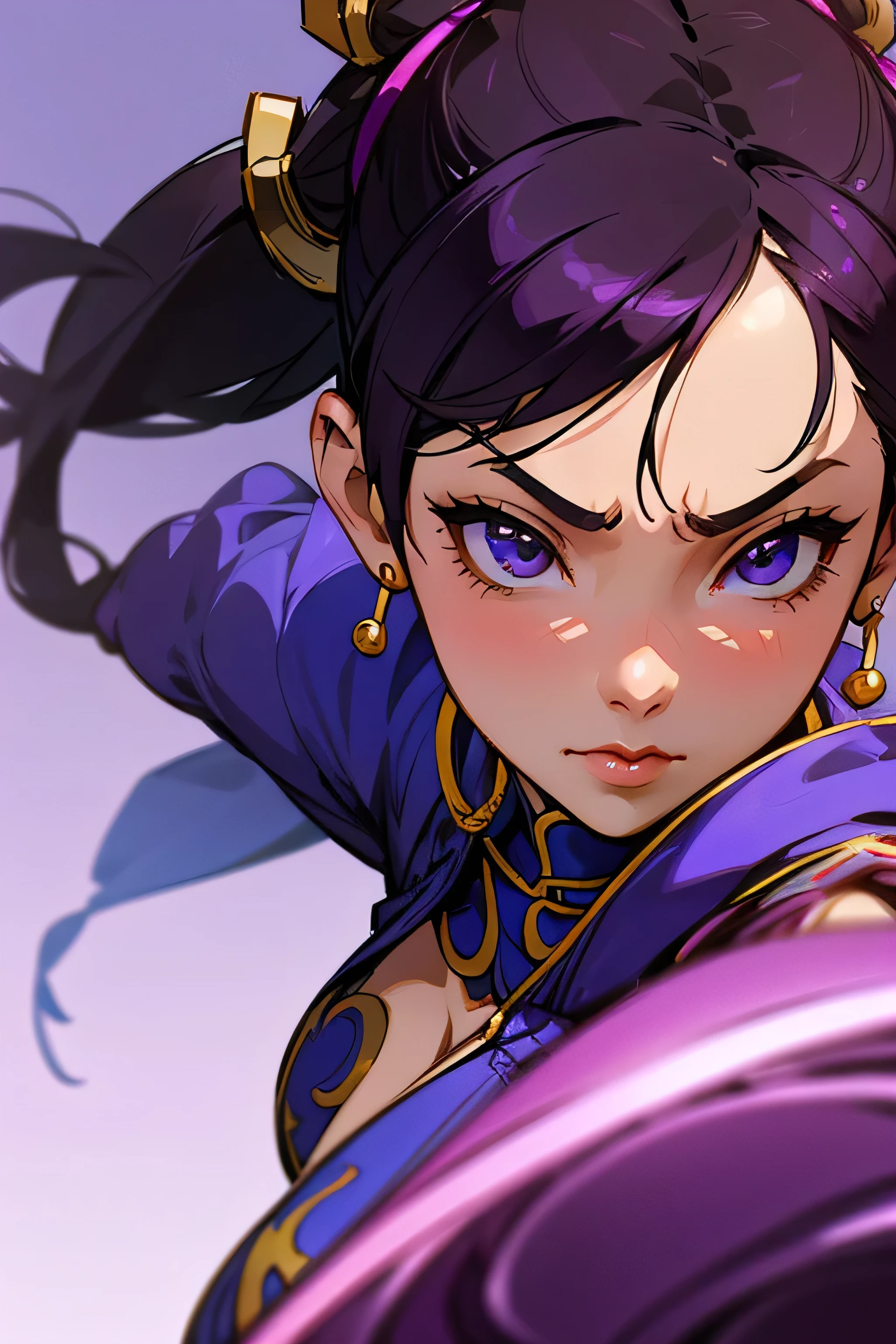 a close up of a woman with purple hair and a purple jacket, Chun-Li's portrait, as a character in Tekken, portrait of Chun-Li, Badass anime 8 K, Juri Han, de Street Fighter, extremely detailed artegerm, artegerm ; Motor irreal 3d, katana zero video game character, Chun-Li