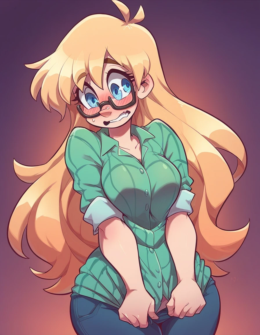 Ralph Bakshi Style, blushing curvy big-nose dirty-blonde with small_breasts and blue eyes with glasses and medium-long hair