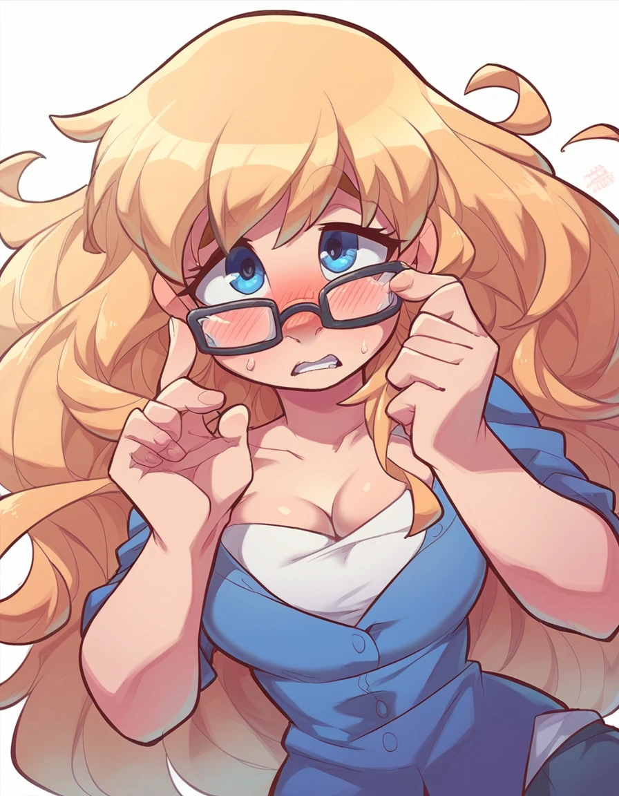 Ralph Bakshi Style, blushing curvy big-nose dirty-blonde with small_breasts and blue eyes with glasses and medium-long hair