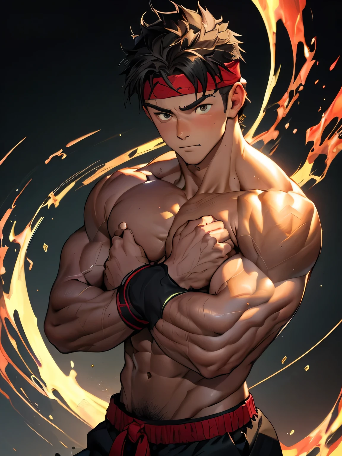 (Masterpiece, Best quality 17 year old boy, black background), solo, Young, boy, muscler, Shirtless, topless, ((((surrounded by swirling holy aura)))), (Dark Short straight hair, ((almost completely shaved hair)), under cut, brown eyes), (red headband, ((black wristband))), Vivid colors, ((hot Abs:1.2, abs!, big abs, big breast:1.2, chest!, muscler upper arms, clenched fist)), muscler!, muscler body, Man with martial arts stance, detailed face, detailed muscle, (((random fighting pose, powerful, action, rippling muscles, green aura around body, concentrate, deep night, male focus)))