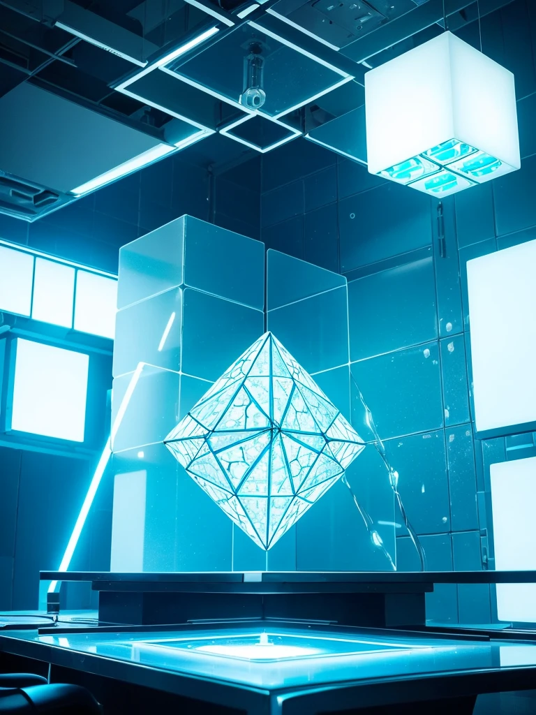 there is a light that is shining on a table, cyan dimensional light, futuristic lighting, cinematic counter light, solid cube of light, volumetric lighting futuristic, futuristic dramatic lighting, lit. 'the cube', vaporwave lighting, oled lights in corners, tesseract, optical caustic lighting, the tesseract, light coming from crt monitor