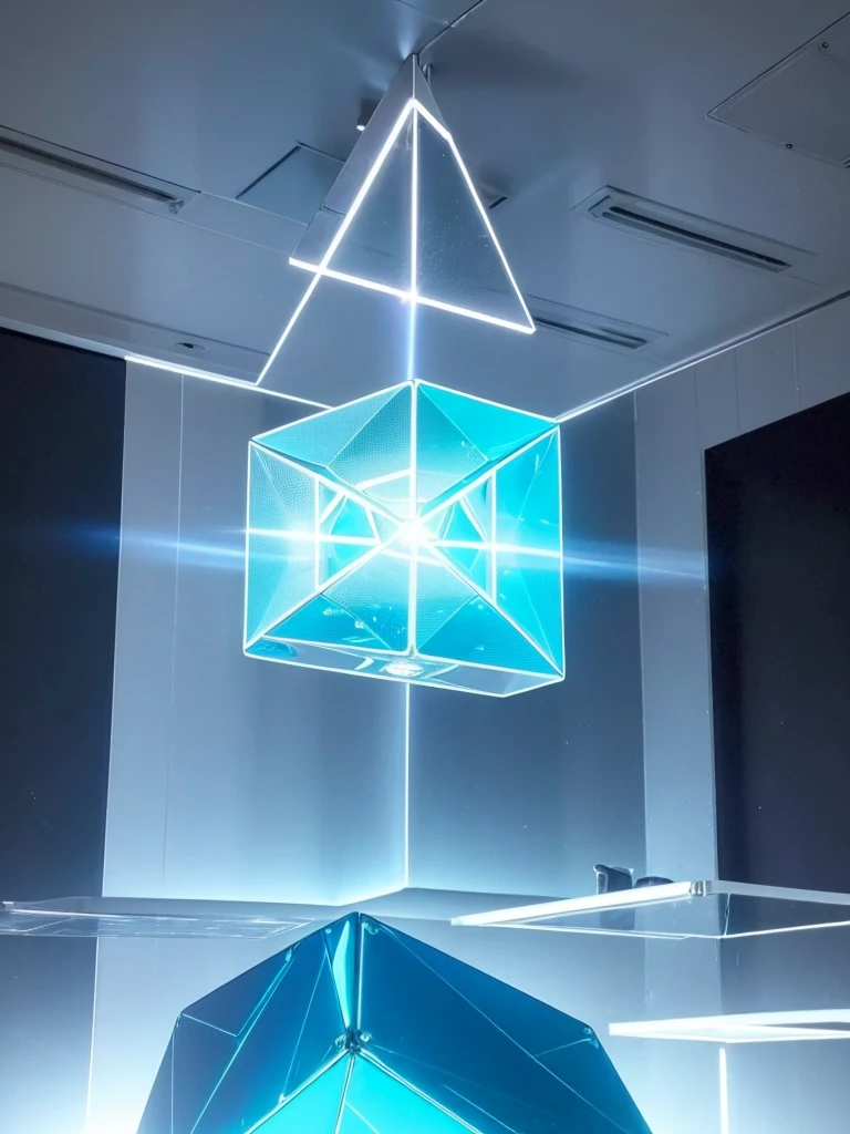 there is a light that is shining on a table, cyan dimensional light, futuristic lighting, cinematic counter light, solid cube of light, volumetric lighting futuristic, futuristic dramatic lighting, lit. 'the cube', vaporwave lighting, oled lights in corners, tesseract, optical caustic lighting, the tesseract, light coming from crt monitor