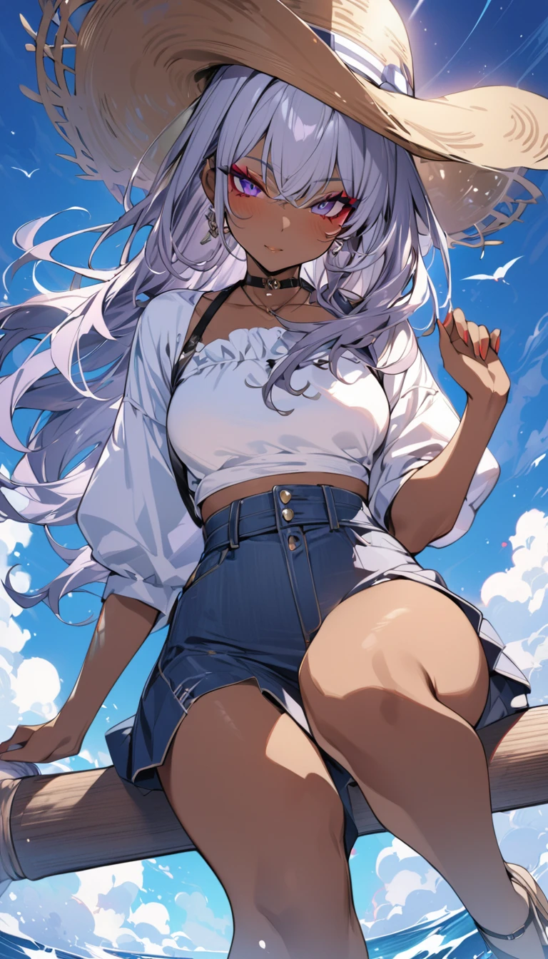Highest quality masterpiece High resolution Dark Skin Colorful medium length Gal Makeup Casual clothing high waist summer Sitting on a broom and flying in the sky