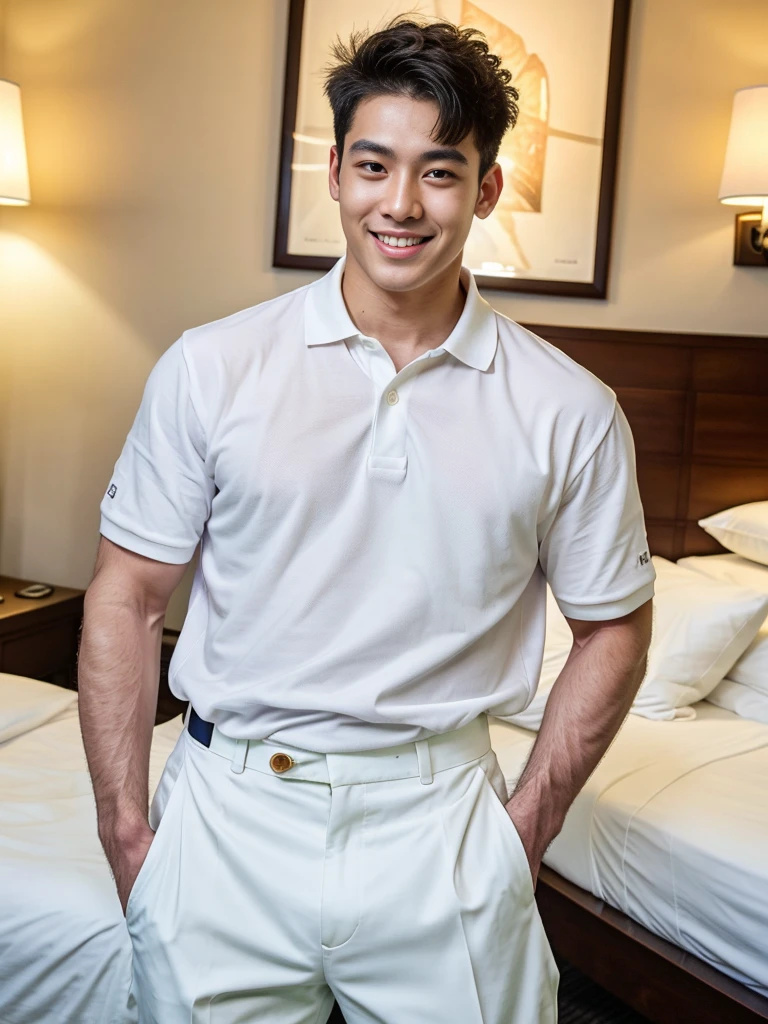 (best quality, 4K, 8K, high resolution, Masterpiece: 1.2), Special details, (realistically, As realistic as a photo, photo realistic: 1.37), Edge lighting, Extra detailed coloring, sharp focus, Physical rendering ,Extremely detailed description,professional,light color,Bokeh,Portrait,look at the viewer,
Young Asian man, 20 years old ,(Wear a white polo shirt.), smile ,Hotel Rooms