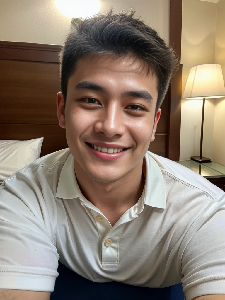 (best quality, 4K, 8K, high resolution, Masterpiece: 1.2), Special details, (realistically, As realistic as a photo, photo realistic: 1.37), Edge lighting, Extra detailed coloring, sharp focus, Physical rendering ,Extremely detailed description,professional,light color,Bokeh,Portrait,look at the viewer,
Young Asian man, 20 years old ,(Wear a white polo shirt.), smile ,Hotel Rooms