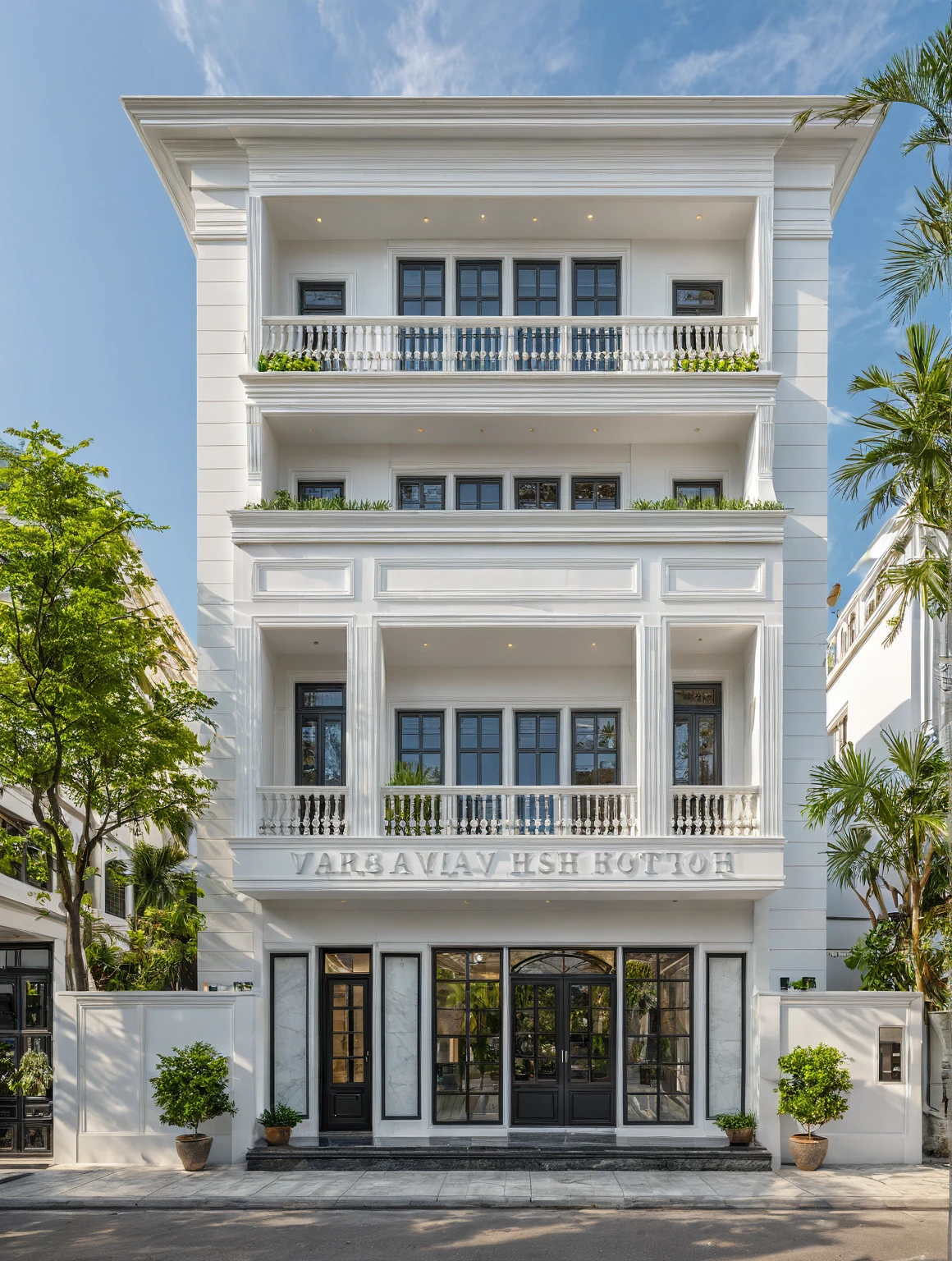 Neoclassical villa on the street, ground floor is restaurant, upper floors are bedrooms, terrace (daylight), tropical plants, vivid colors, streetscape, white tones, walls white, large glass doors, warm interior lighting, wood and marble, best quality, 20ArchiAI_XL_NeoTH-v2