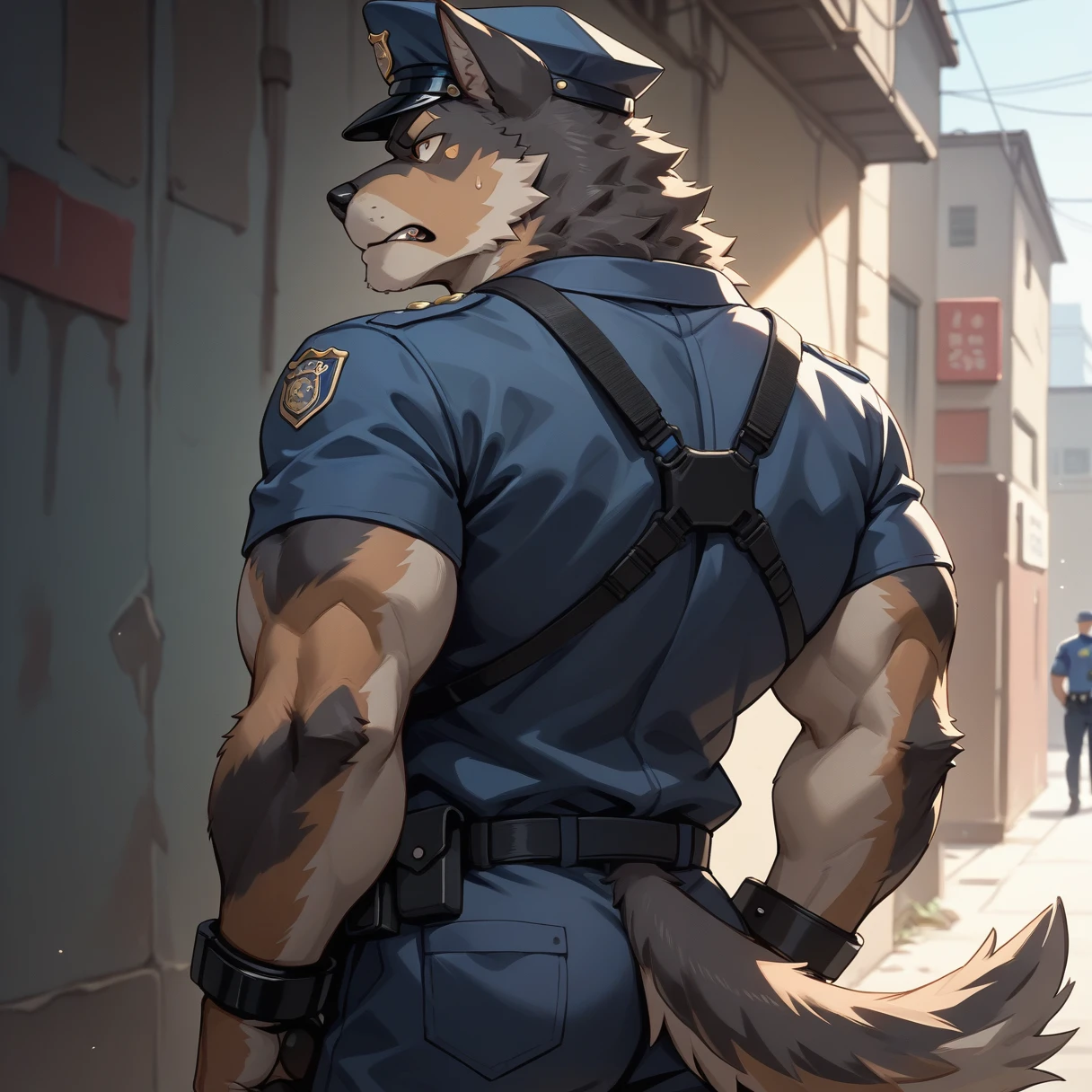 （Furry、dog police officer）、Dark back alley、I can see my stomach、Muscular、Looks frustrated、Are standing