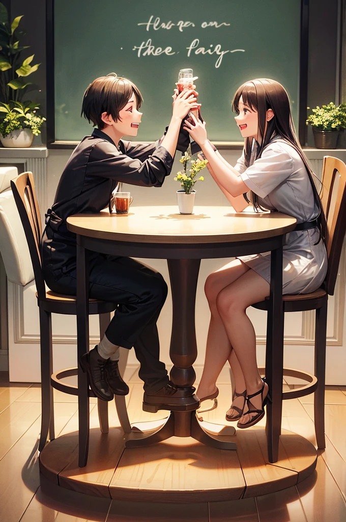 Create a photo of a happy family. Who sits at the table and everyone is happy to see each other