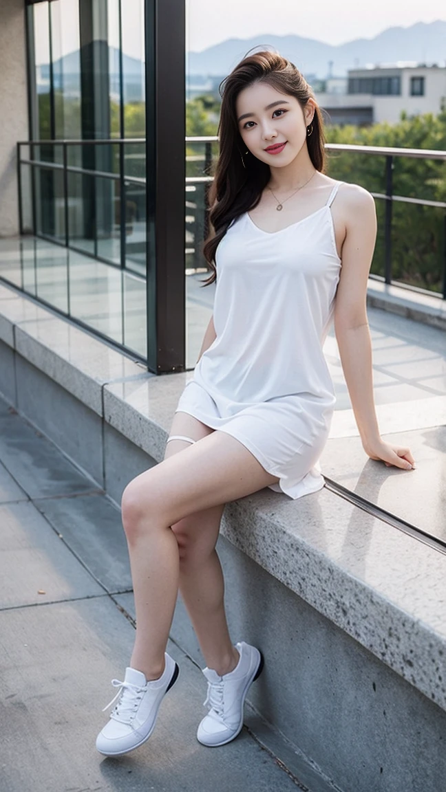 masterpiece, top quality, best quality,1girls,Korean, beautiful face, smile, long hair, 19 years old, Shift Dress, hills,(Casual Hairstyle, plum bossom:1.2), (Detailed white camisole short vest 1.1), Full body、Oval face,Phoenix Eyes,Eyebrow, full body view, sunset,White shoes (huge, saggy breast),(sexy pose),