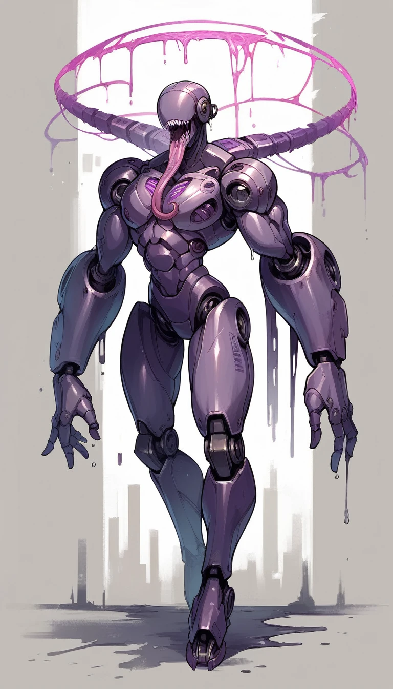 mechanical,robot girl,balck metal body,metallic muscle,(purple neon trim:1.2),robot joint,intricate,standing,full body,dynamic pose,robot joint,(no face,no eyes),ony mouth,big mouth,no teeth,open mouth,tongue out,very long tongue,sharp teeth,smile,saliva,drooling,wet,cybernetic tongue,