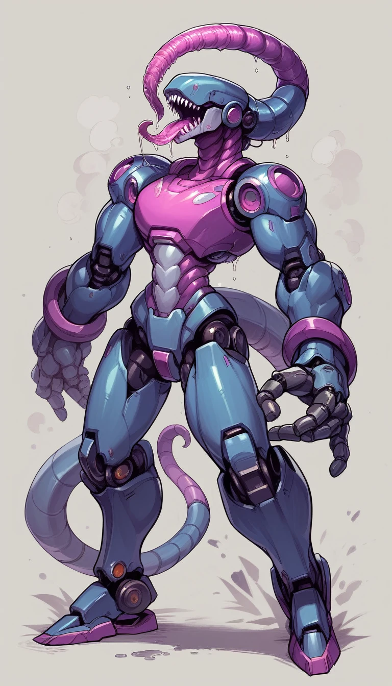 mechanical,robot girl,balck metal body,metallic muscle,(purple neon trim:1.2),robot joint,intricate,standing,full body,dynamic pose,robot joint,(no face,no eyes),ony mouth,big mouth,no teeth,open mouth,tongue out,very long tongue,sharp teeth,smile,saliva,drooling,wet,cybernetic tongue,