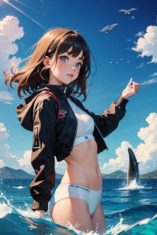 Highest quality,Highest Resolution,Girl swimming in the deep sea,The picturesque world of Lassen,Dolphins and Killer Whales,coral,sunset,