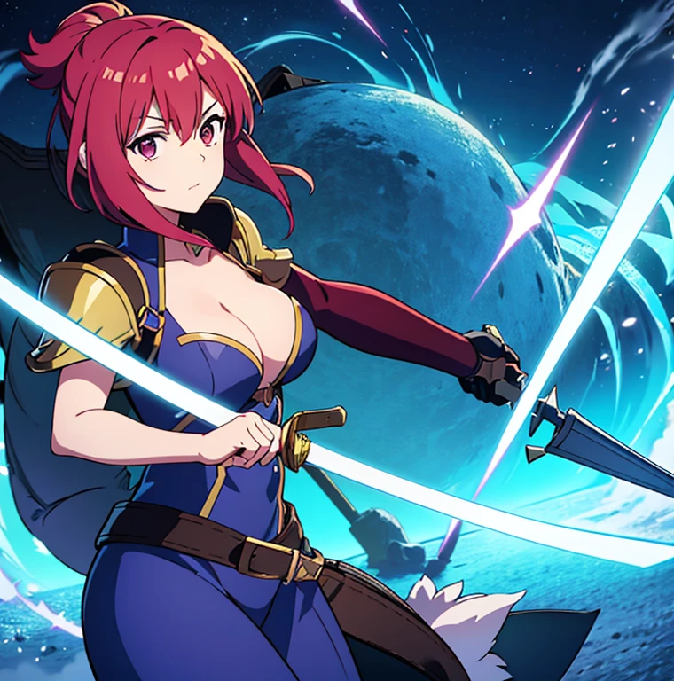 an animated character is in the background of a video game screener and an image of a girl in an with a sword on her shoulder and her breasts spread out