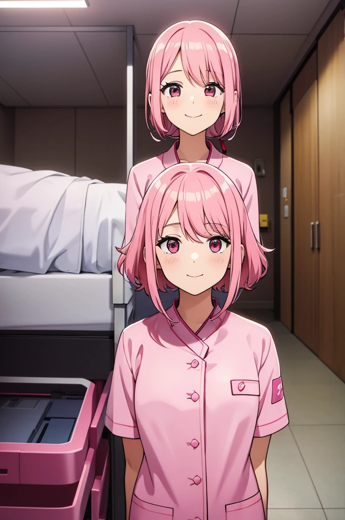 young, Cute girl, pink hair, pink nurse suit, in the hospital room, smiling