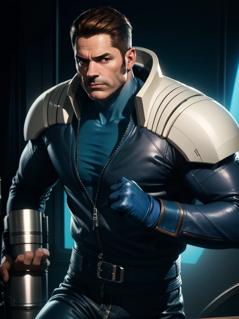 40-year-old man, alone, strong, muscular, short brown hair, blue clothes, wears blue gloves, one of his hands is a cannon, high resolution, perfect image, very detailed, high contrast, digital colors, simple, flat medium, cinematic, ultra sharp focus, award-winning photography, perfect contrast, high sharpness, depth of field, ultra detailed photography. global illumination, fluid, ultra high definition, 8k, Unreal Engine 5, ultra sharp focus, award-winning photography, Art Season Trends,
