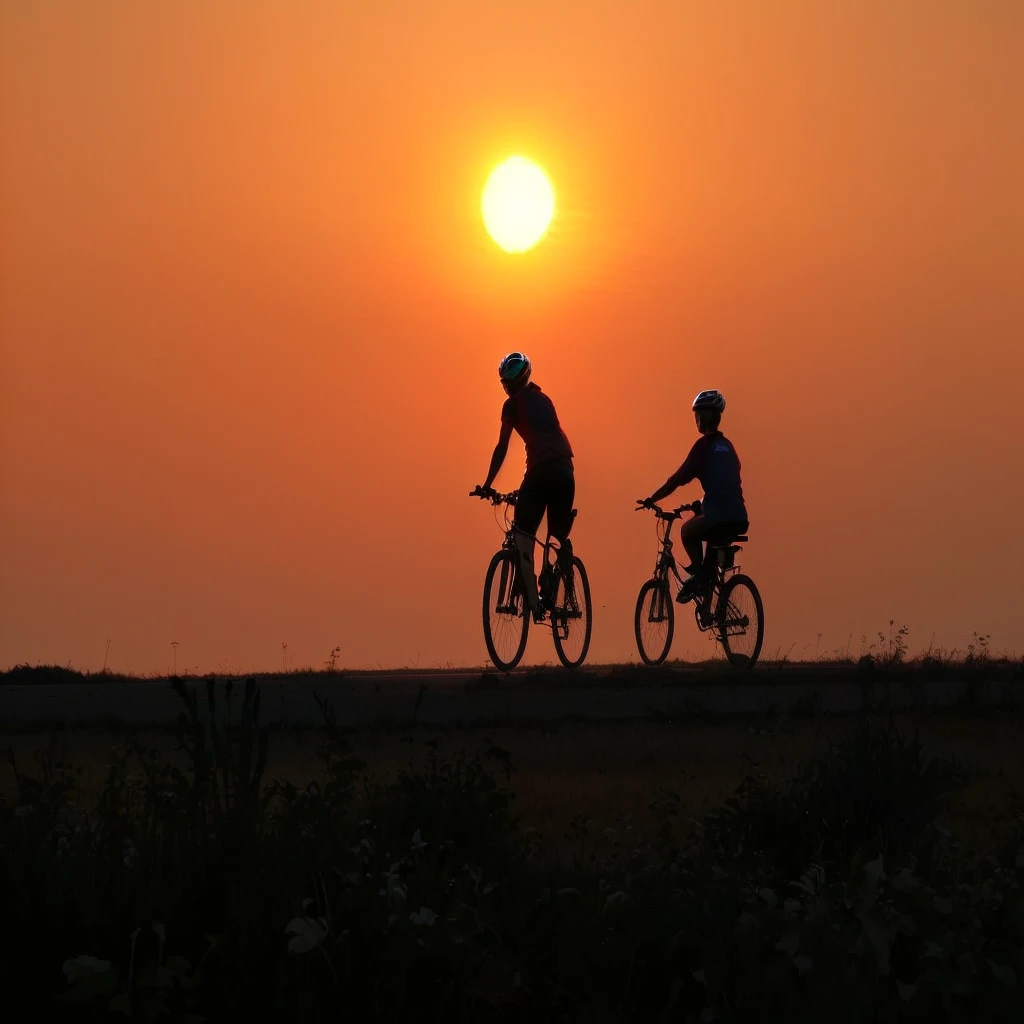 there are two people riding bikes on a road Sunset, 骑bike!!, Sunset, In the sunset, bikes, Sunset, bike, As the sunset, Sunset Sunrise, sunny, Sunset, Heading towards the sunset, Prime hour in the morning, Sunset, As the sun sets over the horizon, Sunset time, In the prime time, sunset