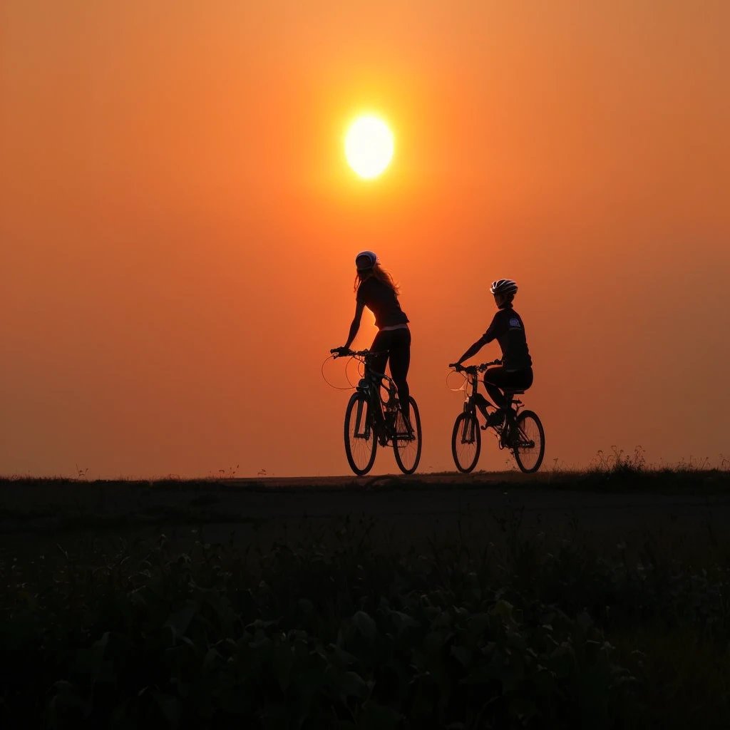 there are two people riding bikes on a road Sunset, 骑bike!!, Sunset, In the sunset, bikes, Sunset, bike, As the sunset, Sunset Sunrise, sunny, Sunset, Heading towards the sunset, Prime hour in the morning, Sunset, As the sun sets over the horizon, Sunset time, In the prime time, sunset