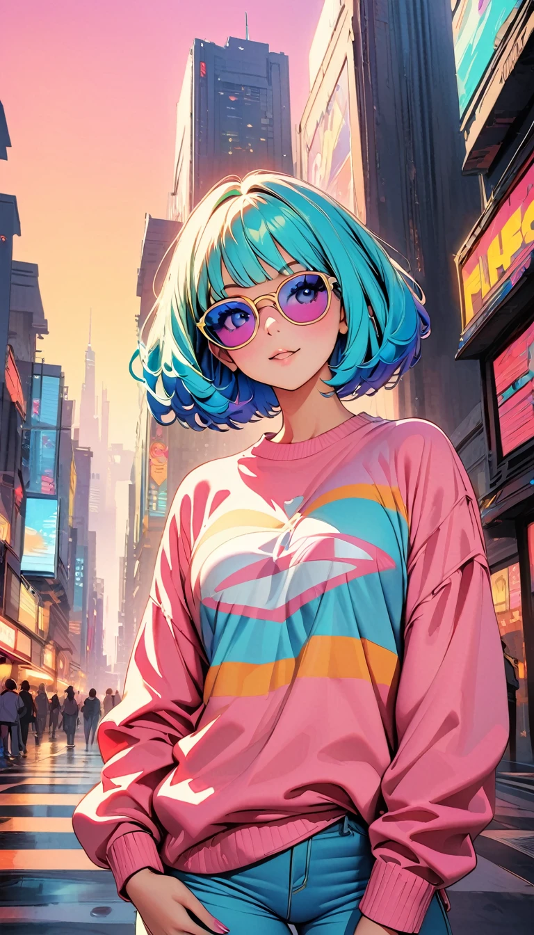 (highest quality:1.2, City Pop Style, Very detailed, up to date, Vibrant, High Contrast, masterpiece:1.2, highest quality, Best aesthetics), girl, Colorful hair, Bobcut, pastel colour, 1980s style, ((The metropolis of the future, Retro, Vintage)), Logo jumper, (sunglasses).sexy