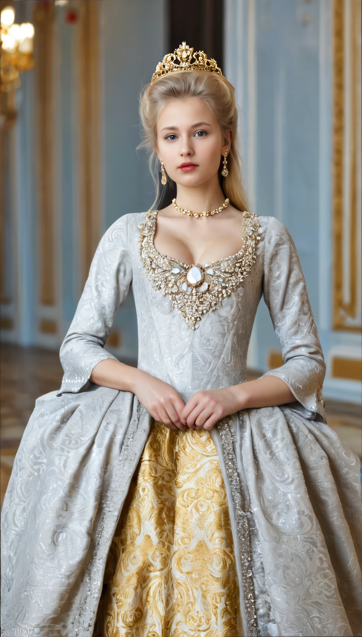 Front view , standing pose,  looking at camera, Russian girl, 18 age old, (Blond hair, middle hair ,  wince, Gray eyes, beautiful lip,  serious),  gold crescent earrings, gold neckless, (big breasts, slender whist, wide hip, real public hair) ,(Rococo 18the century dress) , (gold earing , peal neckless. tiara with Dimond), on floor in Palace, in Moskva, textured skin , HI detailed skin, (foreshortening, Canon, UHD, anatomically correct,  super detail, high details, highness, 