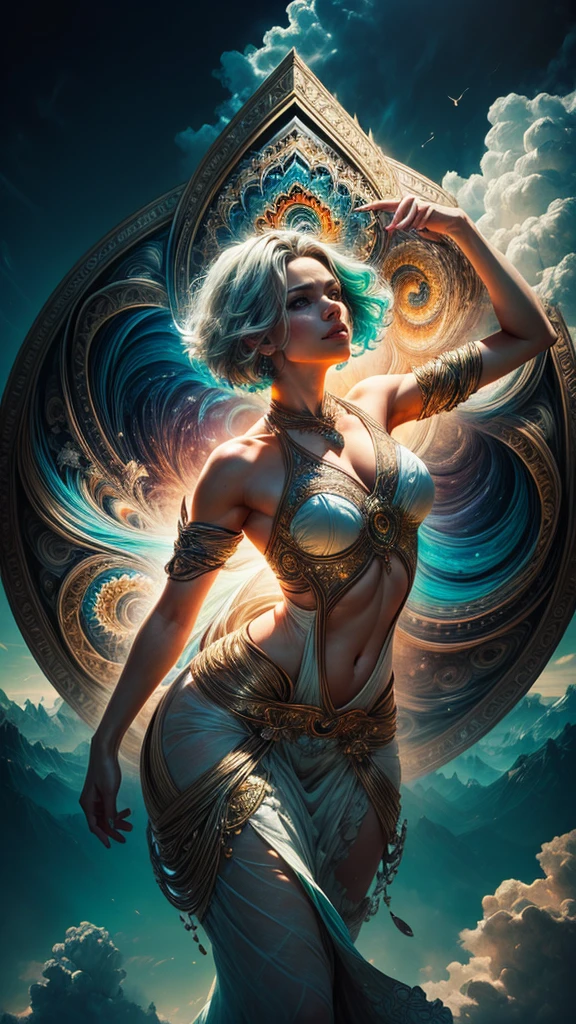 Half naked Tia is shown to have a fairly slender figure. She has white-grey hair , she has short hair and large pale green eyes,(((White Cloud Background))), (((High Saturation))), ((Surrounded by Color Splashes)))) Ultra Detailed, Beautiful and Aesthetic, Masterpiece, Best Quality, (Zentangle, Mandala, Tangled, Entangle), (Fractal Art: 1.3), 1girl, Very Detailed, Dynamic Angle, Cowboyshot, Most Beautiful Forms Chaotic, Elegant, Fauvist Design, Bright Colors, Romanticism, Michal Mraz, Adrian Ghenny, Petra Courtwright, atmospheric, ecstatic notes, flow notes visible