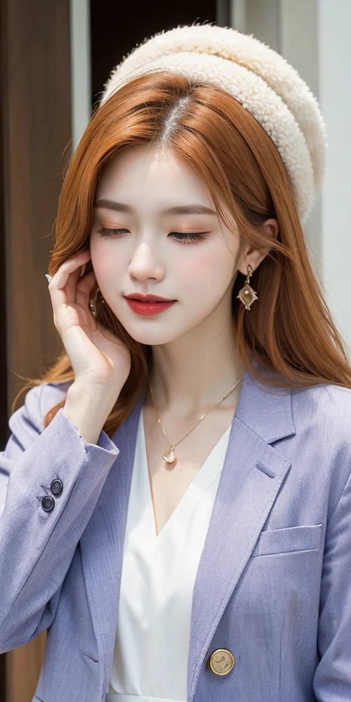1girl, solo, yorigami jo'on, orange hair, drill hair, eyewear on head, orange eyes, jewelry, bow, white dress, purple jacket, pendant, earrings, hat, standing, hand on hip, looking at viewer, one eye closed, smirk, outdoors, city