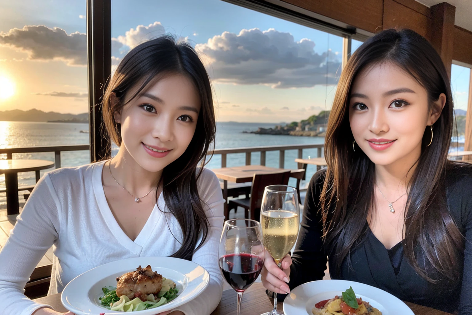 ((Highest quality、8K、masterpiece:1.3))、Shortcuts、cute、slimカップル、modelカップル、actress男優、(Realistic, Intricate details:1.2), full-course dinner、Wine Party、Amazing view of the sunset sky and clouds、A bright smile、short hair,Bright Face、 (Age 45), 42 years old, red wine 、Appetizers、Italian food、Wine bottle、Champagne、sparkling wine、Two beauties、Brown Hair、Shortcuts、Long sleeve shirt、dress、Beautiful woman 1, (slimな顔), (The body is slim), (Brown Hair), (Shortcuts), cheeks turn a little red,Attractive beauty、restaurant, In a prominent place (From the waist up) Nova Frog Style, actress, model, Upper Body, White wine, slim, wine glass, 中央に置かれたwine glass, smile, (smile: 1.15), Beautiful fine grain, Depth f/2,saturation, High Contrast, Strong light and shadow,Moist Body:1.5、3D texture、Delicate eyes、Brown Hair、The hair is very shiny、