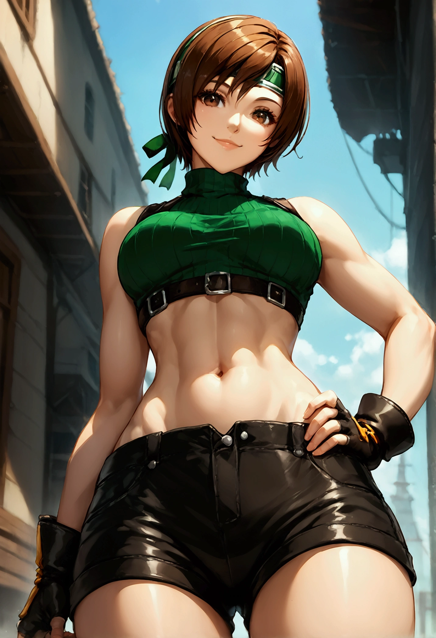 score_9, score_8_up, score_7_up,,BREAK , ,from front,front view,below angle,,standing,contrapost,upperbody ,,straight-on,Solo,1girl, yuffie kisaragi, final fantasy,,short hair,headband,navel,sleeveless,turtleneck,brown eyes,sleeveless turtleneck,solo,breasts,looking at viewer,smile,gloves,crop top,brown hair,shorts,midriff,armor,sweater,open fly,fingerless gloves,ribbed sweater,medium breasts,,beautiful waist ,,light smile,,hand on own hip,daytime,outdoor,(ultra detailed),(best quality),(aesthetic,very aesthetic),UHD,　　