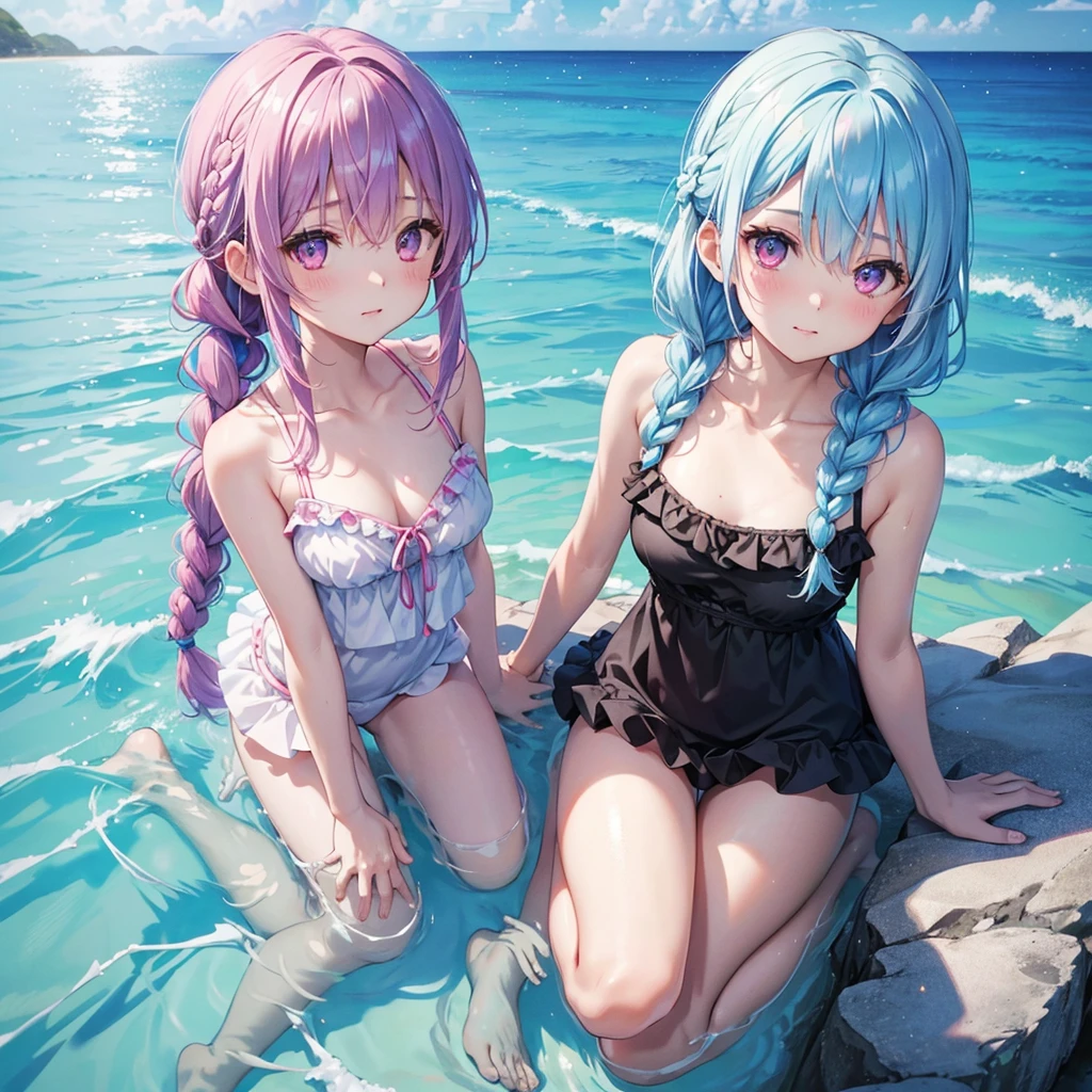 (Sky blue medium hair),(Braided hair tied together)、Pink eyes、Fair skin、(whole body)、(One Girl)、Black frilly swimsuit、Stylish sunglasses、Shining white sand beach in midsummer、Okinawa's ocean、A happy smile、、(masterpiece、Highest quality、Very detailed、Best Shadow)、(Detailed Background)、(Beautifully detailed face)、High contrast、(Best lighting、Very delicate and beautiful)、((Cinematic Light))、colorful、Hyper Detail、Dramatic Light、Exquisite detail、Standing with your legs apart