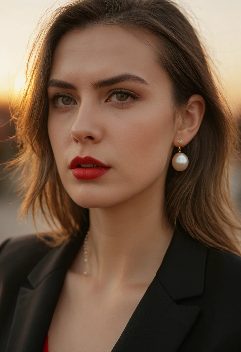 color digital photograph of Lucie Prochazka a woman from czech republic wearing (a black blazer), (a white t-shirt), (black skinny jeans), (black ankle boots), (pearl earrings), (red lipstick), and Slingbacks shoes shot on Nikon Z9 by Denis Karasev, 26 years old, pale skin, (long hair), tiny figure, small breasts, feeling (feeling Hate, Intense, Hostile, Aversion, Anger, Resentment, Disgust, Animosity, Hostility, Loathing, Malice, face: Scowl, Frown, Glare, Narrowed Eyes, Sneer, Lip Curl, Tense Jaw, Raised Eyebrows, Cold Stare, Contempt), at golden hour,full body, masterpiece, natural lighting, (outdoor setting:1.2), warm tones, side lighting, natural skin details, 4k, UHD, masterpiece, detailed eyes, detailed face, detailed skin, perfect hands, perfect feets, photo, high skin detail, moles, imperfect skin, ultra realism, RAW photo, subsurface scattering