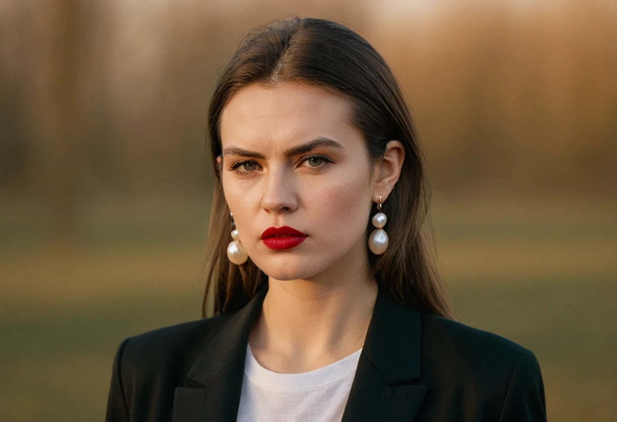 color digital photograph of Lucie Prochazka a woman from czech republic wearing (a black blazer), (a white t-shirt), (black skinny jeans), (black ankle boots), (pearl earrings), (red lipstick), and Slingbacks shoes shot on Nikon Z9 by Denis Karasev, 26 years old, pale skin, (long hair), tiny figure, small breasts, feeling (feeling Hate, Intense, Hostile, Aversion, Anger, Resentment, Disgust, Animosity, Hostility, Loathing, Malice, face: Scowl, Frown, Glare, Narrowed Eyes, Sneer, Lip Curl, Tense Jaw, Raised Eyebrows, Cold Stare, Contempt), at golden hour,full body, masterpiece, natural lighting, (outdoor setting:1.2), warm tones, side lighting, natural skin details, 4k, UHD, masterpiece, detailed eyes, detailed face, detailed skin, perfect hands, perfect feets, photo, high skin detail, moles, imperfect skin, ultra realism, RAW photo, subsurface scattering
