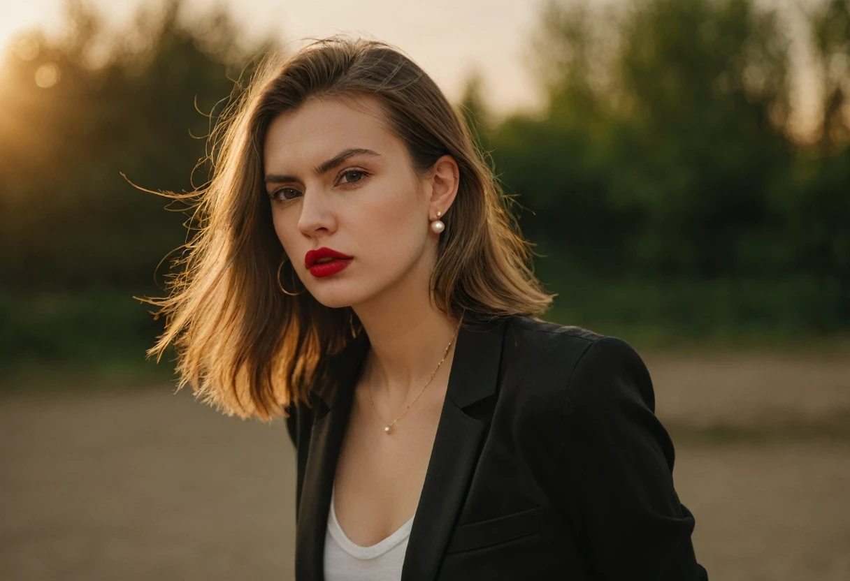color digital photograph of Lucie Prochazka a woman from czech republic wearing (a black blazer), (a white t-shirt), (black skinny jeans), (black ankle boots), (pearl earrings), (red lipstick), and Slingbacks shoes shot on Nikon Z9 by Denis Karasev, 26 years old, pale skin, (long hair), tiny figure, small breasts, feeling (feeling Hate, Intense, Hostile, Aversion, Anger, Resentment, Disgust, Animosity, Hostility, Loathing, Malice, face: Scowl, Frown, Glare, Narrowed Eyes, Sneer, Lip Curl, Tense Jaw, Raised Eyebrows, Cold Stare, Contempt), at golden hour,full body, masterpiece, natural lighting, (outdoor setting:1.2), warm tones, side lighting, natural skin details, 4k, UHD, masterpiece, detailed eyes, detailed face, detailed skin, perfect hands, perfect feets, photo, high skin detail, moles, imperfect skin, ultra realism, RAW photo, subsurface scattering
