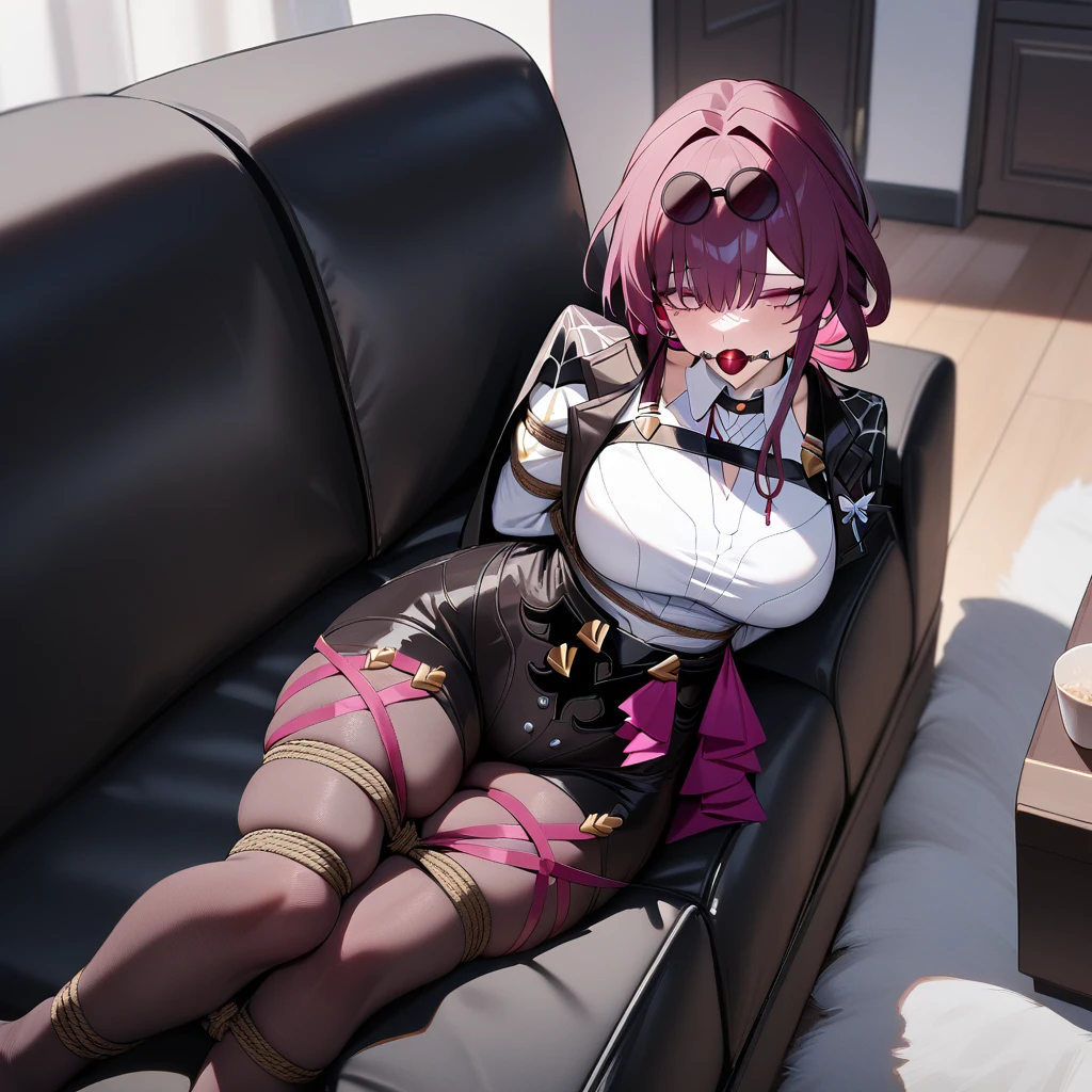 1girl, kafka \(honkai: star rail\), honkai \(series\),living room,lying on a sofa,bondage,gaged,ballgag,rope, shibari,hand behind back,masterpiece,very aesthetic,newest,