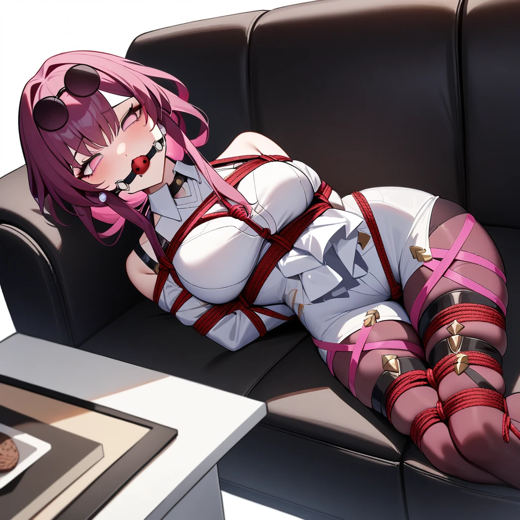1girl, kafka \(honkai: star rail\), honkai \(series\),living room,lying on a sofa,,gaged,ballgagshibari,hand back,masterpiece,very aesthetic,newest,