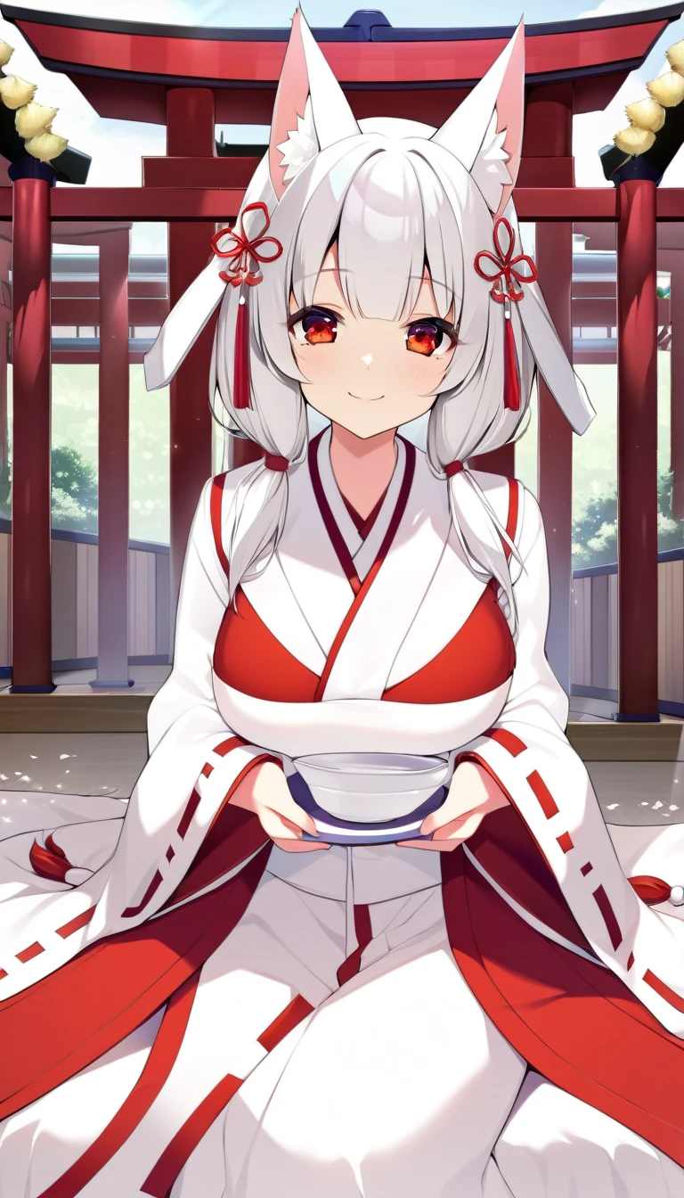 one girl, fox ears, shrine maiden, white hair, beautiful, gently, naive, smile cutely, red eyes, sacred, medium breasts