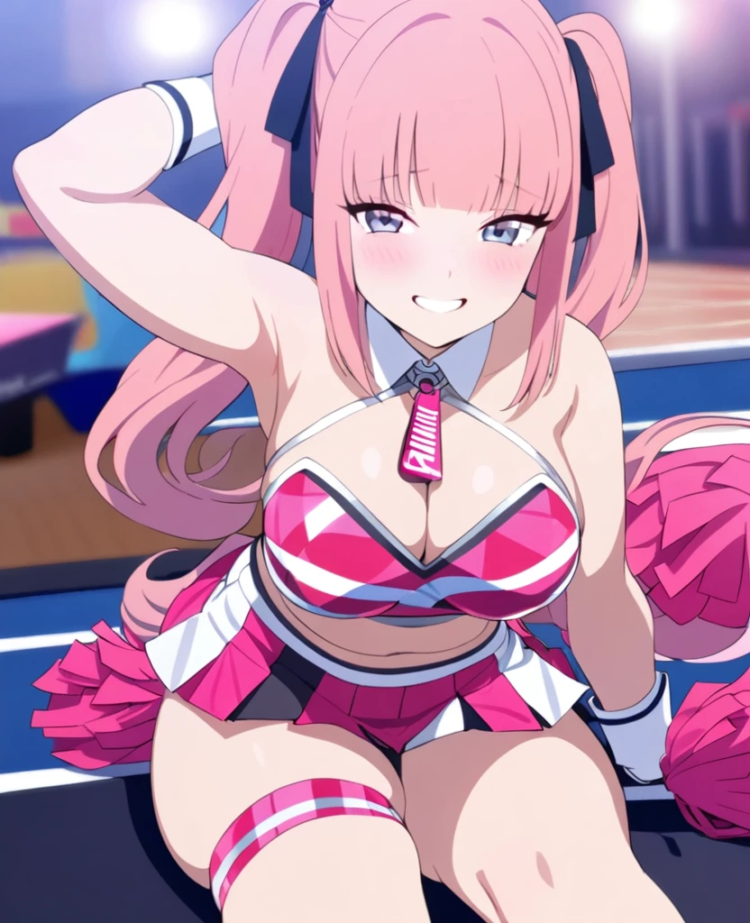 yo, light pink hair, long hair, hime cut, J cup breast, thicc thigh, erotic cheerleader outfit, red and black color, smile, deep cleavage 