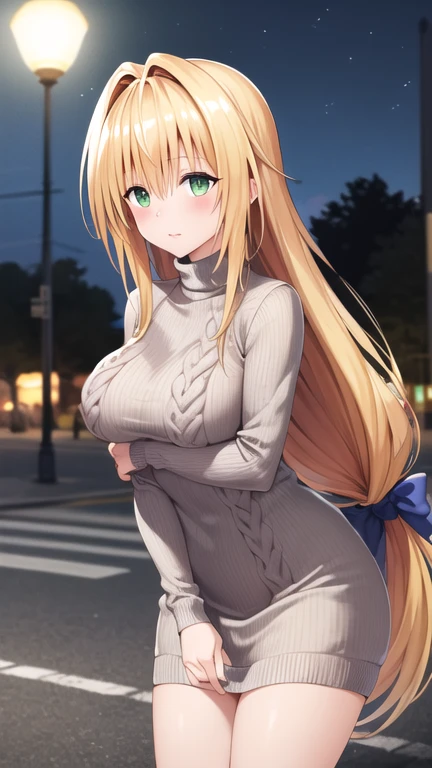 masterpiece, Highest quality, High resolution, Atearge, Very long hair, Long hair tied low, Hair Ribbon, Green Eyes, Big , Large Breasts,  open-neck sweater dress, turtleneck, No sleeve, night, street,