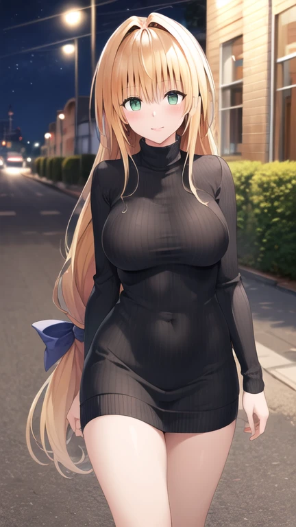 masterpiece, Highest quality, High resolution, Atearge, Very long hair, Long hair tied low, Hair Ribbon, Green Eyes, Big , Large Breasts,  open-neck sweater dress, turtleneck, No sleeve, night, street,