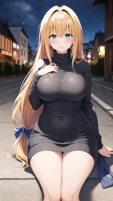 masterpiece, Highest quality, High resolution, Atearge, Very long hair, Long hair tied low, Hair Ribbon, Green Eyes, Big , Large Breasts,  open-neck sweater dress, turtleneck, No sleeve, night, street,