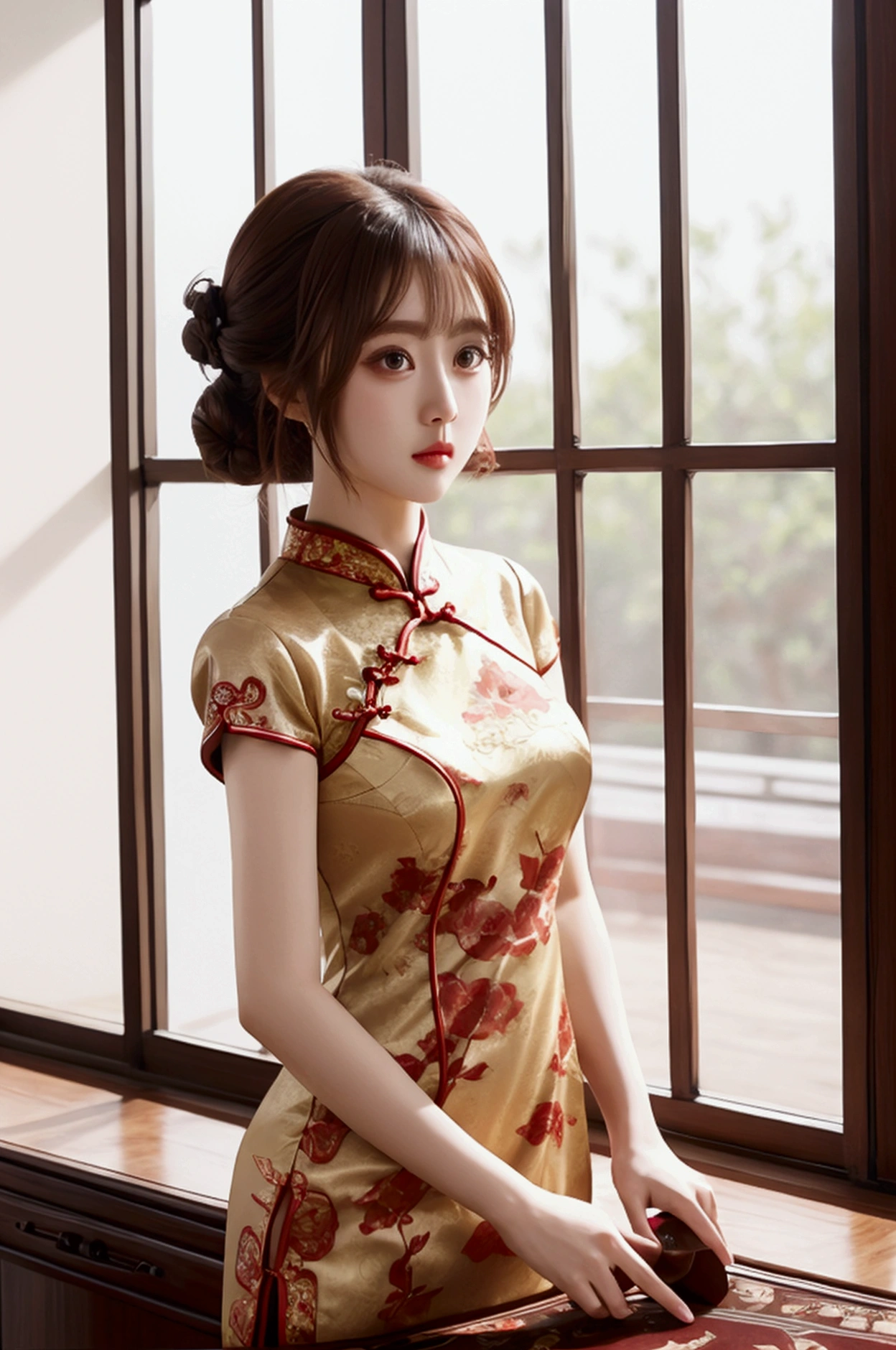 illustration design, Delicate characters, Windows, table, brown hair, big eyes, long cheongsam
