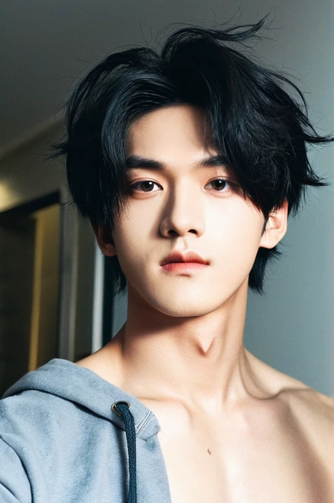 One boy, Young man with black hair  (Wolf Mash Hair),Male K-Pop Idols, Levi Ackerman, Medium portrait,chop, Beautiful Model, Oval Face, Vivid,Selfie,(In a dark room),Full body photo