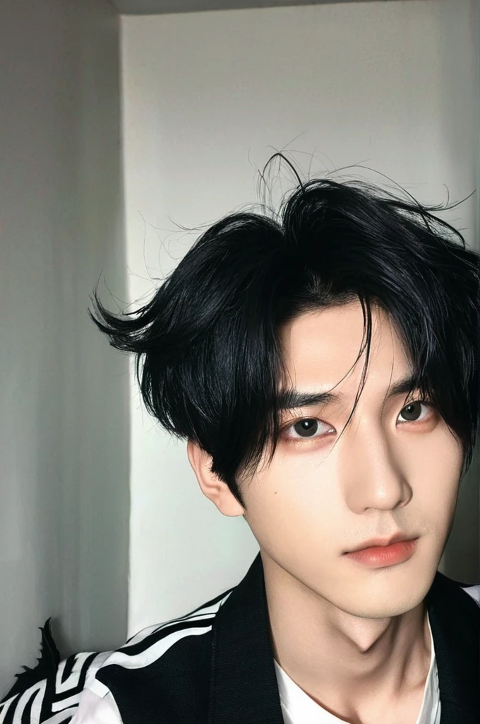 One boy, Young man with black hair  (Wolf Mash Hair),Male K-Pop Idols, Levi Ackerman, Medium portrait,chop, Beautiful Model, Oval Face, Vivid,Selfie,(In a dark room),Full body photo