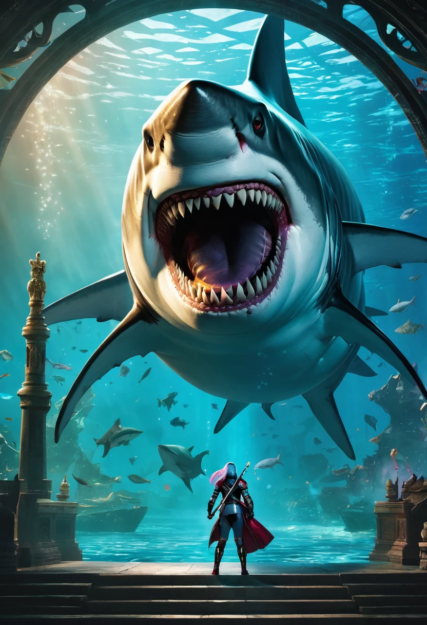 (masterpiece, best quality,ultra highres),anime,(King-Shark from "Suicide Squad")king-shark summoned from a portal that connects to another world,king-shark has a trident,Strong winds,A magician girl raising her left hand to summon a shark monster,Ancient Underwater City,A deep underwater city,Beautiful depiction,Composition based on the golden ratio,Mysterious atmosphere,detailed face,(glitter:1.3),(bubble:1.2),