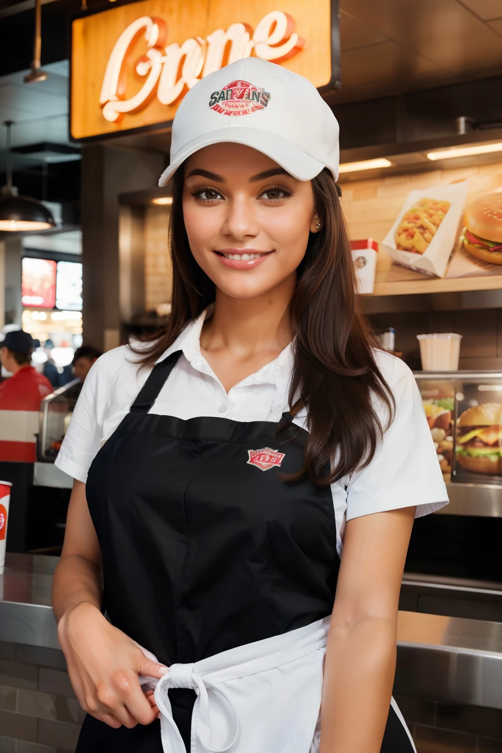 A fast-food worker, dressed in the brand's uniform, expertly serves customers behind the counter in an immaculately clean and bustling fast-food establishment. With a radiant smile, their expressive eyes sparkle as they effortlessly manage multiple orders, showcasing their dedication and ability to multitask. The intricate details of the uniform, such as the logo on their hat and the texture of the apron, are beautifully captured in high resolution. The warm, inviting ambiance of the fast-food joint is illuminated by the bright overhead lights, creating a dynamic yet cozy atmosphere. This professional, real-life image is photographed in 4k using a Canon camera