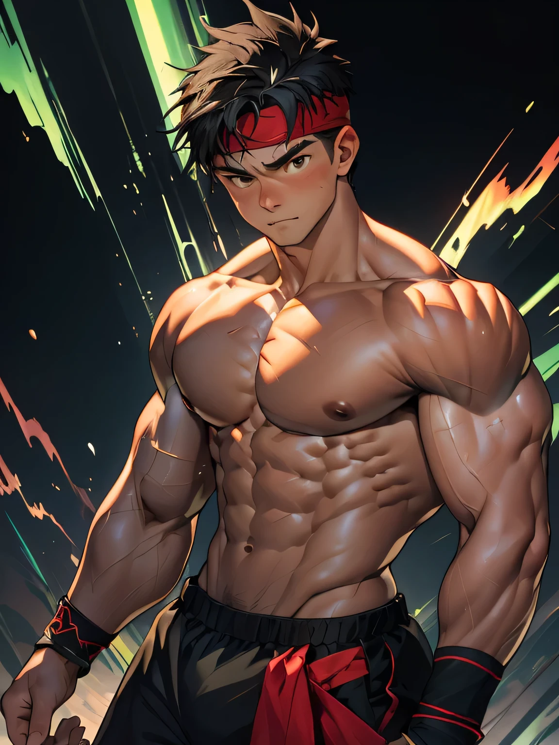 (Masterpiece, Best quality 17 year old boy, black background), solo, Young, boy, muscler, Shirtless, topless, ((((surrounded by swirling holy aura)))), (Dark Short straight hair, ((almost completely shaved hair)), under cut, brown eyes), (red headband, ((black wristband))), Vivid colors, ((hot Abs:1.2, abs!, big abs, big breast:1.2, chest!, muscler upper arms, clenched fist)), muscler!, muscler body, Man with martial arts stance, detailed face, detailed muscle, (((random fighting pose, powerful, action, rippling muscles, green aura around body, concentrate, deep night, male focus)))