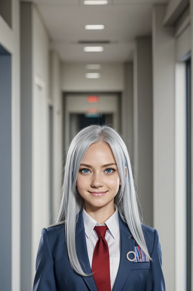 anime, Screenshot Boku no Hero Academia, Women, beautiful, White hair, straight hair, long hair, a little hair on the forehead, slanted eyes, light blue eyes, shy expression smiling, saluting Uniform gray jacket and red tie, school hallway background, looking at the camera head on
