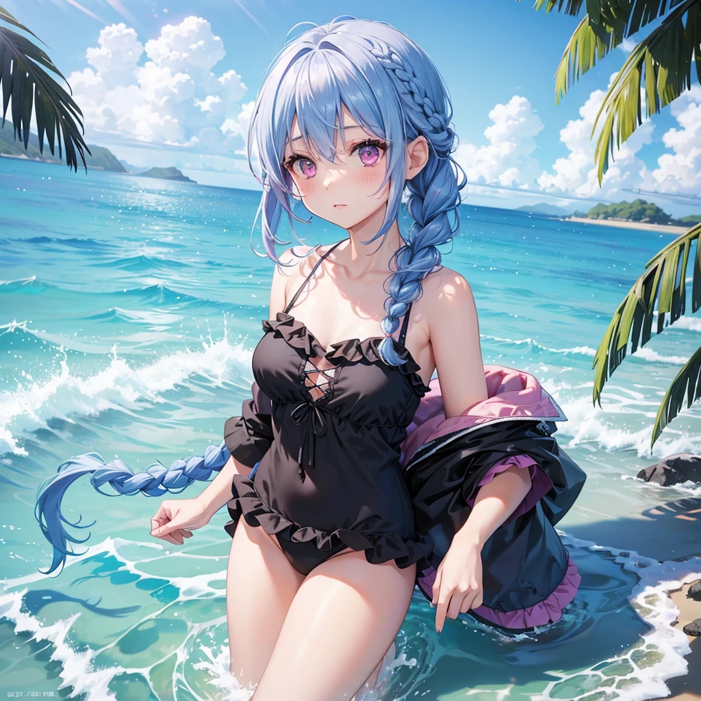 (Sky blue medium hair),(Braided hair tied together)、Pink eyes、Fair skin、(whole body)、(One Girl)、Black frilly swimsuit、Stylish sunglasses、Shining white sand beach in midsummer、Okinawa's ocean、A happy smile、、(masterpiece、Highest quality、Very detailed、Best Shadow)、(Detailed Background)、(Beautifully detailed face)、High contrast、(Best lighting、Very delicate and beautiful)、((Cinematic Light))、colorful、Hyper Detail、Dramatic Light、Exquisite detail、Standing with your legs apart
